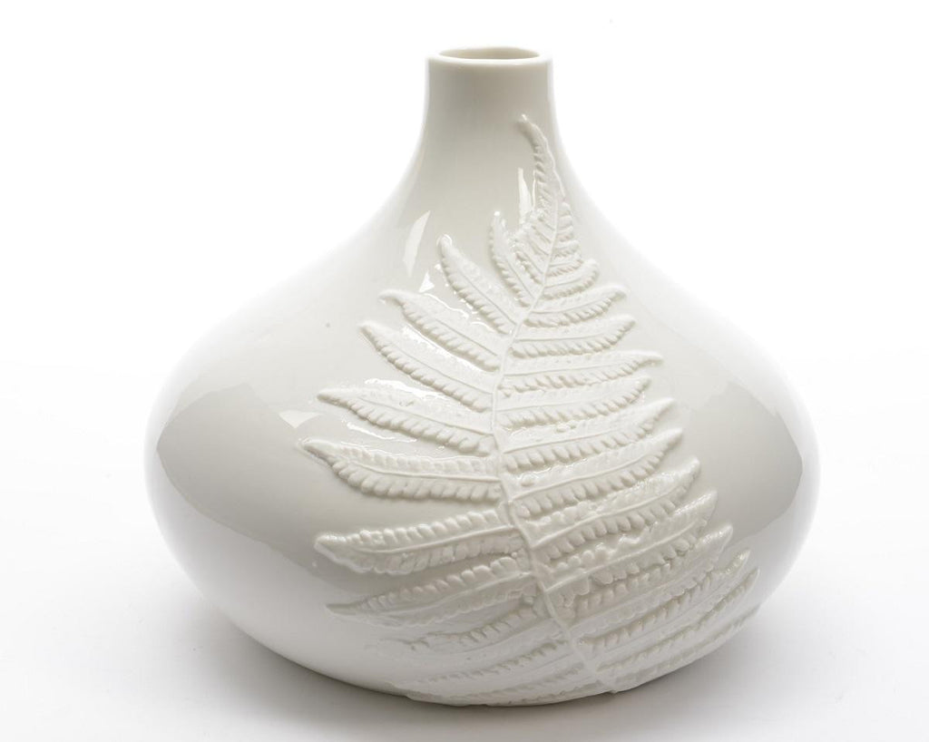 8.75" Botanic Beauty White Porcelain Flower Vase with Fern Leaf Relief