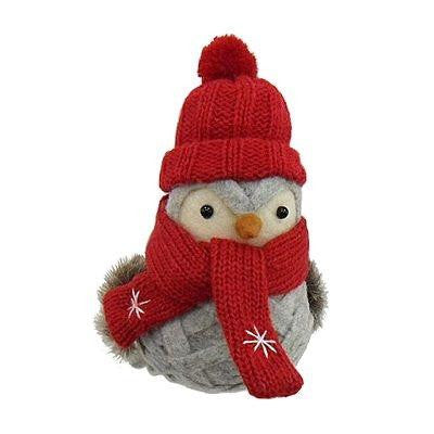 5" Gray Arts and Crafts Style Wrapped Bird with Red Hat and Scarf Christmas Ornament