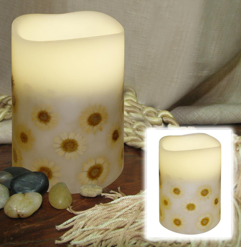 5.5" Off White Embedded Floral Battery Operated Flameless Flickering Wax Pillar Candle