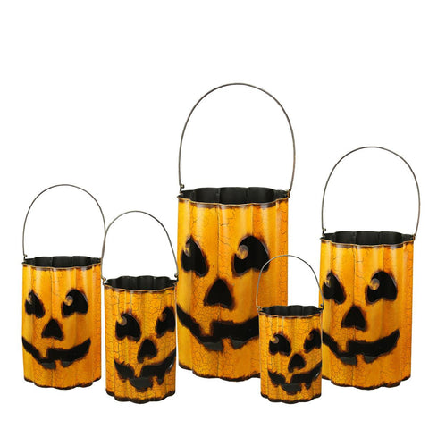 11" Distressed Orange and Black Ridged Metal Jack 'O Lantern Container