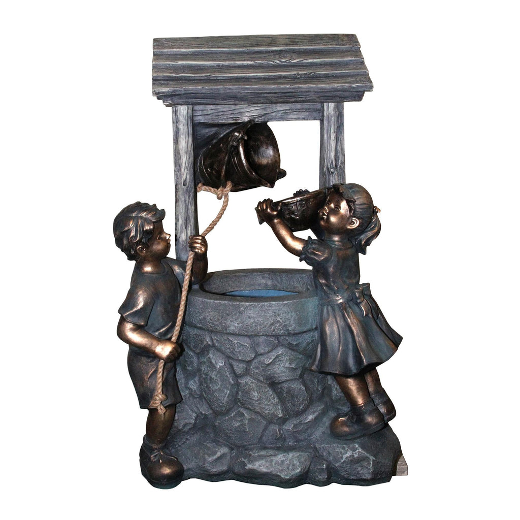 35" LED Lighted Bronzed Kids Playing at Wishing Well Spring Outdoor Garden Water Fountain