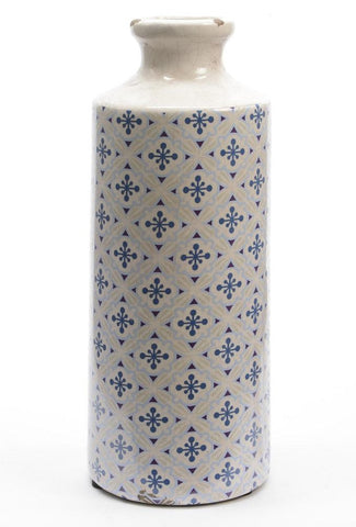 11.5" French Countryside White, Blue and Purple Diamond Burst Ceramic Earthenware Bottle Vase