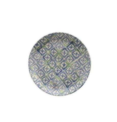 French Countryside Decorative Blue and Green Cross and Flower Round Terracotta Dessert Plate 6.5"