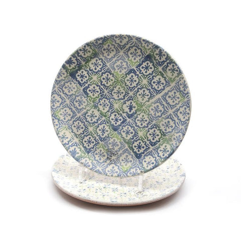 French Countryside Decorative Blue and Green Cross and Flower Round Terracotta Dinner Plate 9.25"