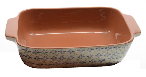 12" French Countryside Decorative Green and Blue Flower Rectangular Terracotta Oven Dish