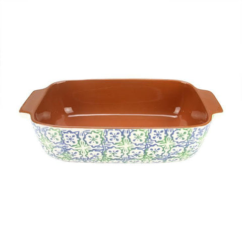 12" French Countryside Decorative Green & Blue Flower & Cross Rectangular Terracotta Oven Baking Dish