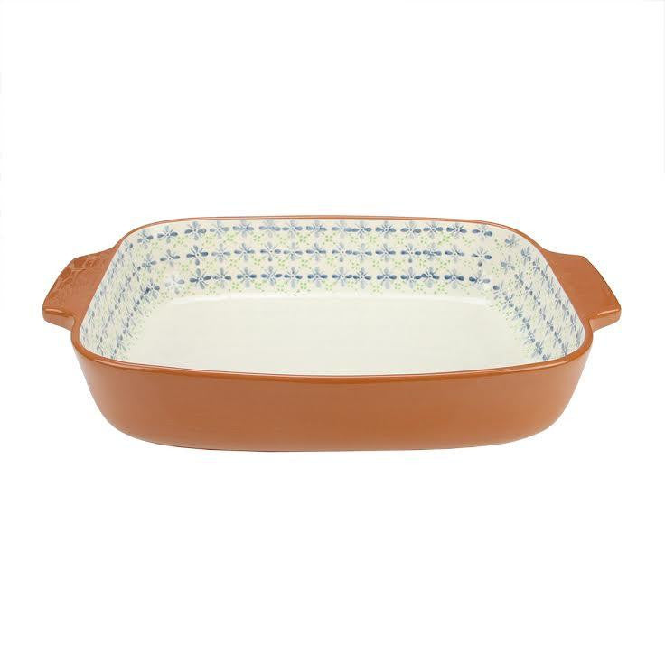 14" French Countryside Decorative Green & Blue Flower Rectangular Terracotta Oven Baking Dish