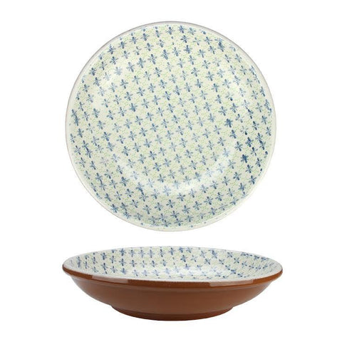 12.25" French Countryside Decorative Green and Blue Flower Round Terracotta Bowl