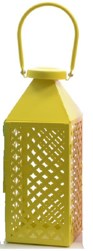 Fancy Fair Lemon Yellow Diamond Patterned Pillar Candle Lantern 10"