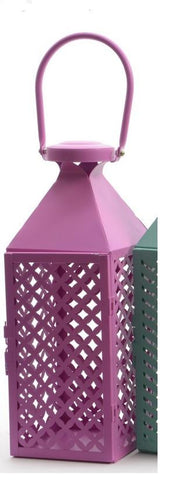 Fancy Fair Pink Diamond Patterned Pillar Candle Lantern 10"