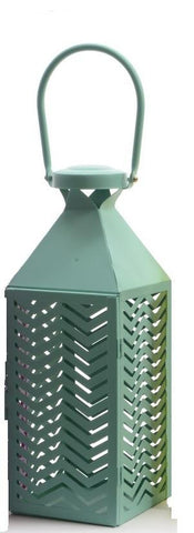 Fancy Fair Teal Blue Chevron Patterned Pillar Candle Lantern 10"