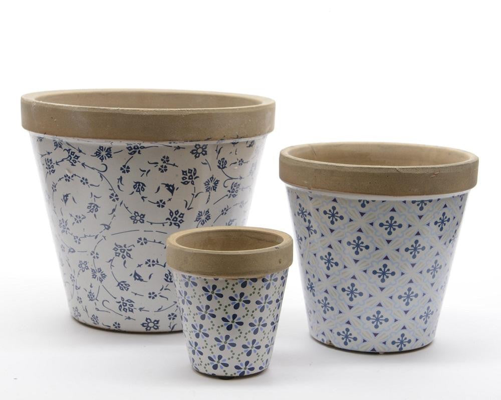 Set of 3 French Countryside White and Blue Floral Print Ceramic Earthenware Planters 8.75"