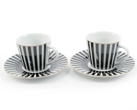 Set of 2 City Chic Black and White Striped Porcelain After-Dinner Coffee Cups and Saucers