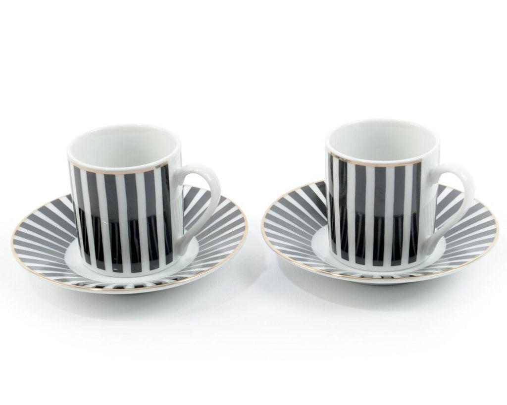 Set of 2 City Chic Black and White Striped Porcelain After-Dinner Coffee Cups and Saucers