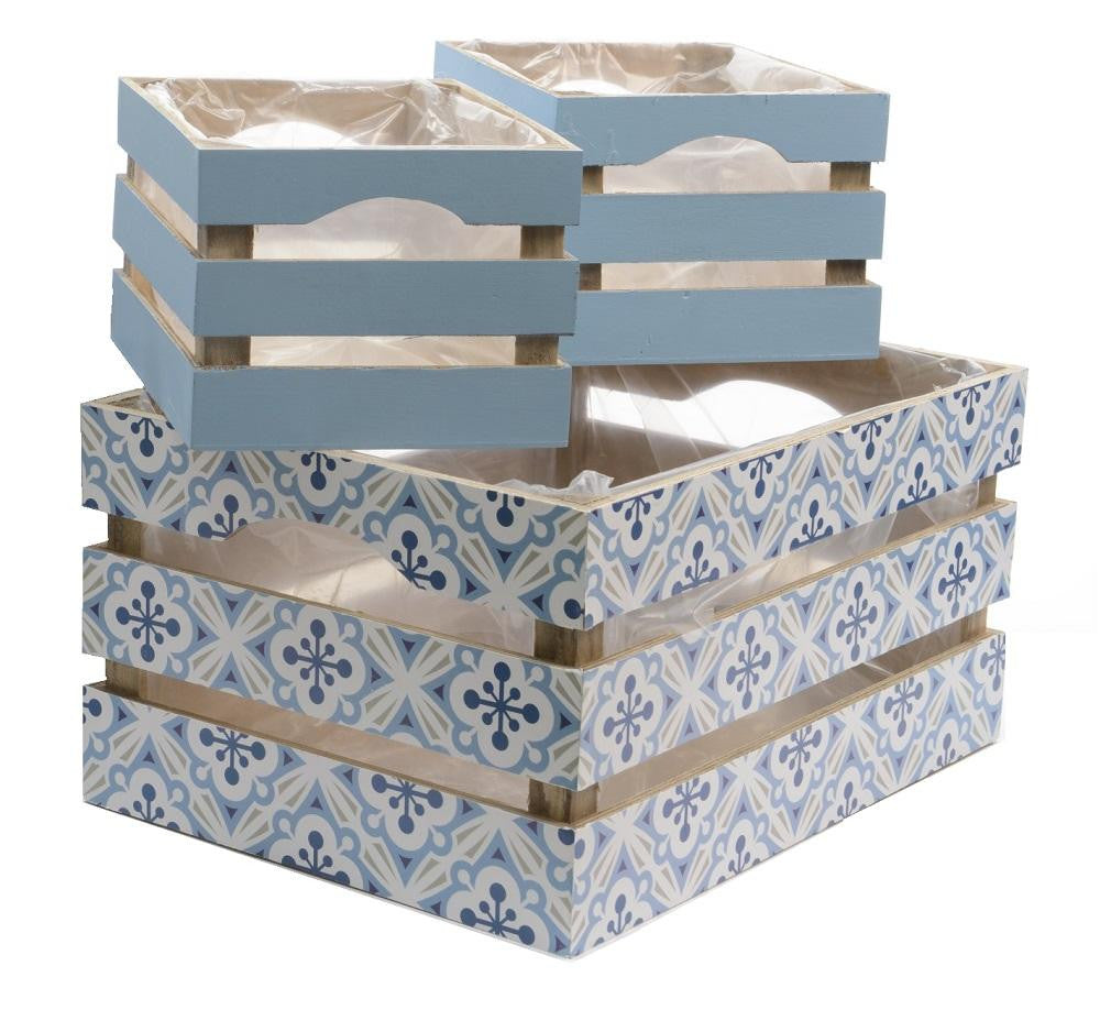 Set of 3 French Countryside Blue Rectangular Wooden Decorative Storage Box Nesting Crates 13.5"