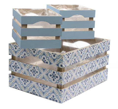 Set of 3 French Countryside Blue Rectangular Wooden Decorative Storage Box Nesting Crates 13.5"