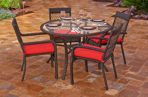 5-Piece Beacon Cappuccino Weave Resin Wicker Outdoor Chair and Dining Table Set - Solid Red Cushions