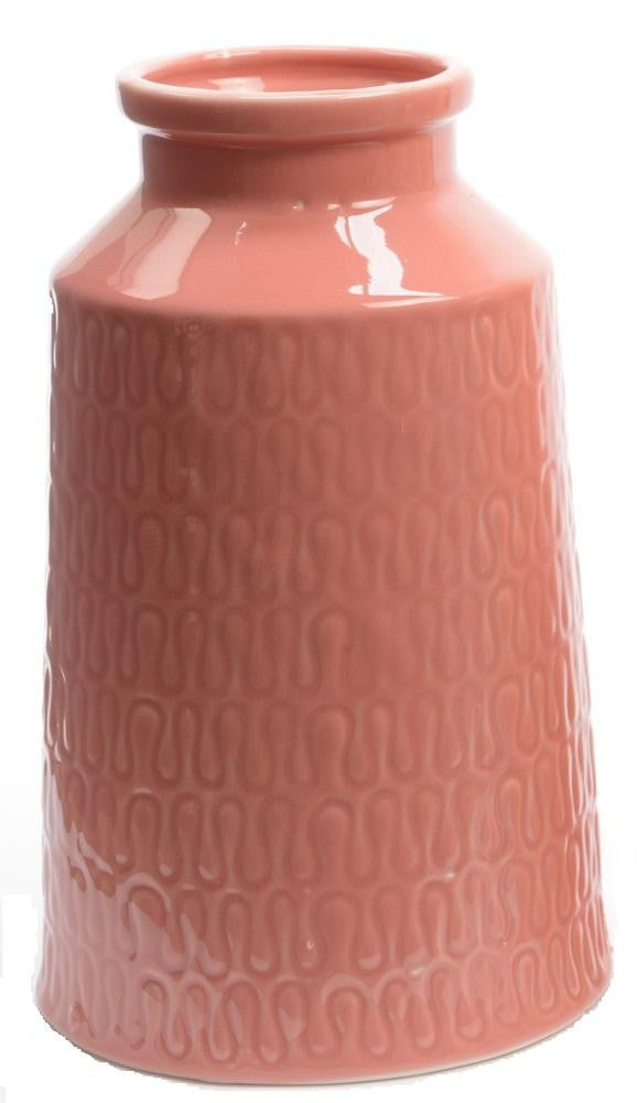 7.75" Basic Luxury Salmon Pink Porcelain Vase with Etched Ribbon Candy Design