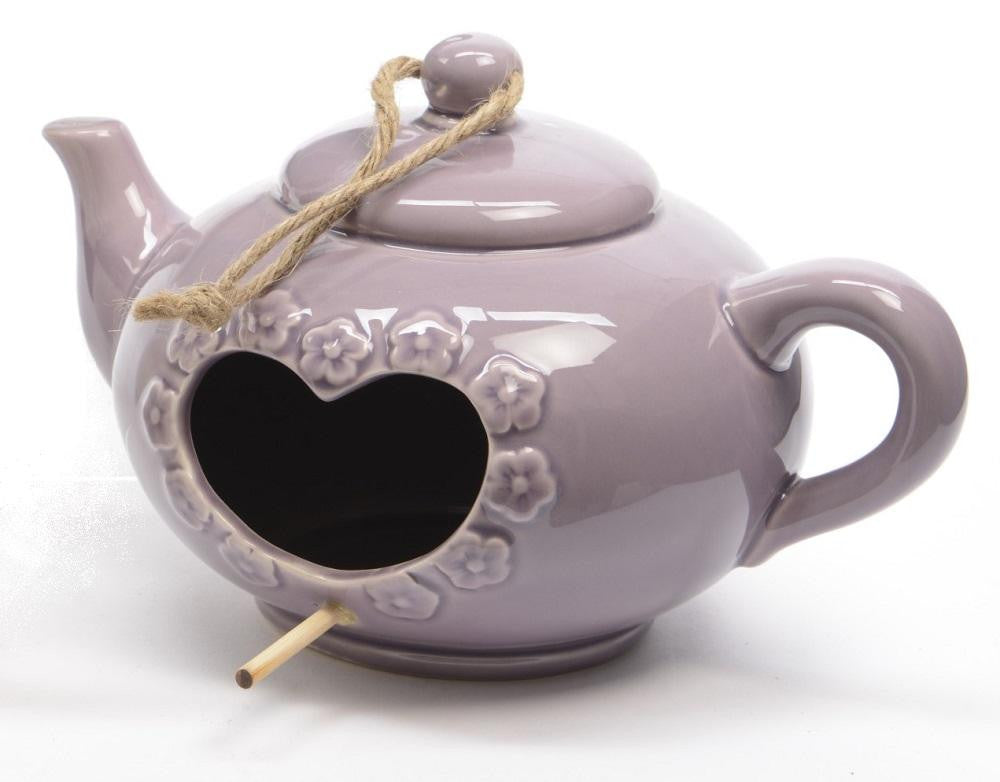 8.25" New Romance Decorative Purple Porcelain Teapot Birdhouse with Heart Cutout