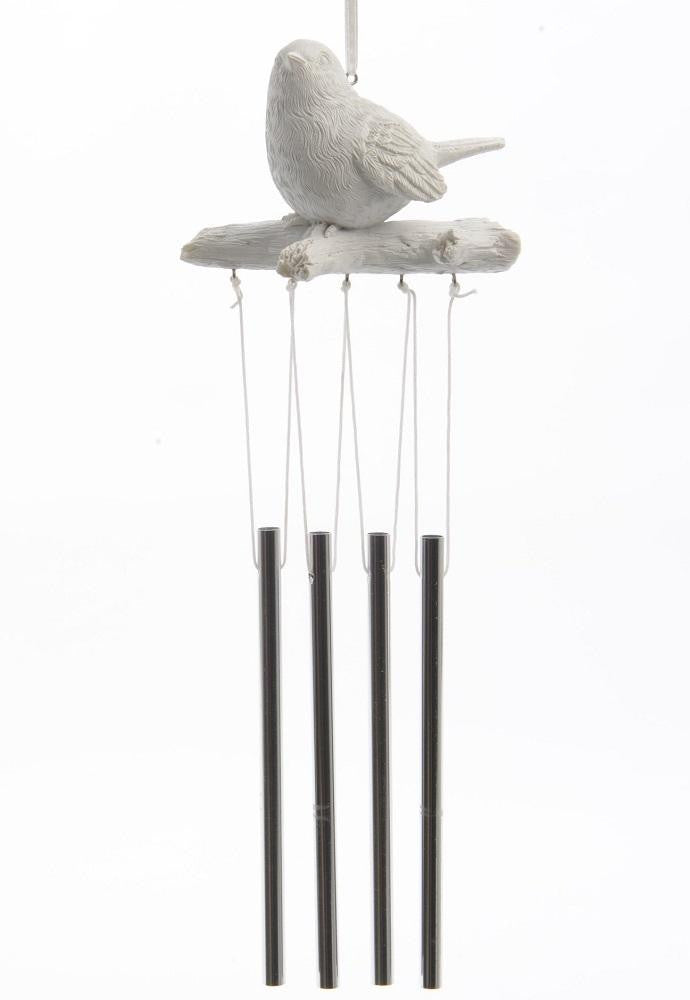 13" New Romance White Bird Perched on a Branch Hanging Outdoor Garden Wind Chime Decoration