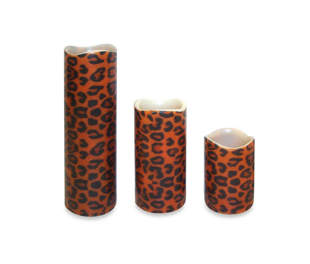 Set of 3 Leopard Print Battery Operated Flameless LED Lighted Flickering Wax Pillar Candle with Remote