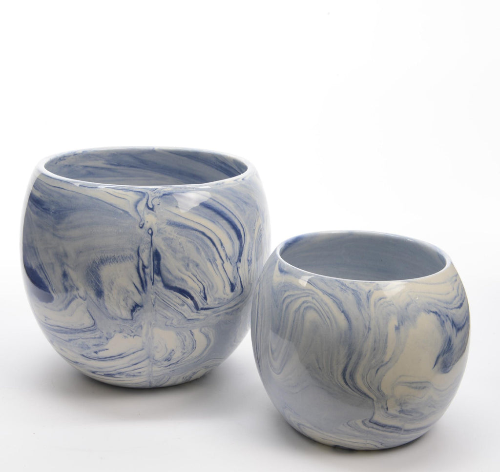 Set of 2 Seaside Treasures Marbled Blue and White Handcrafted Planters 7.75"