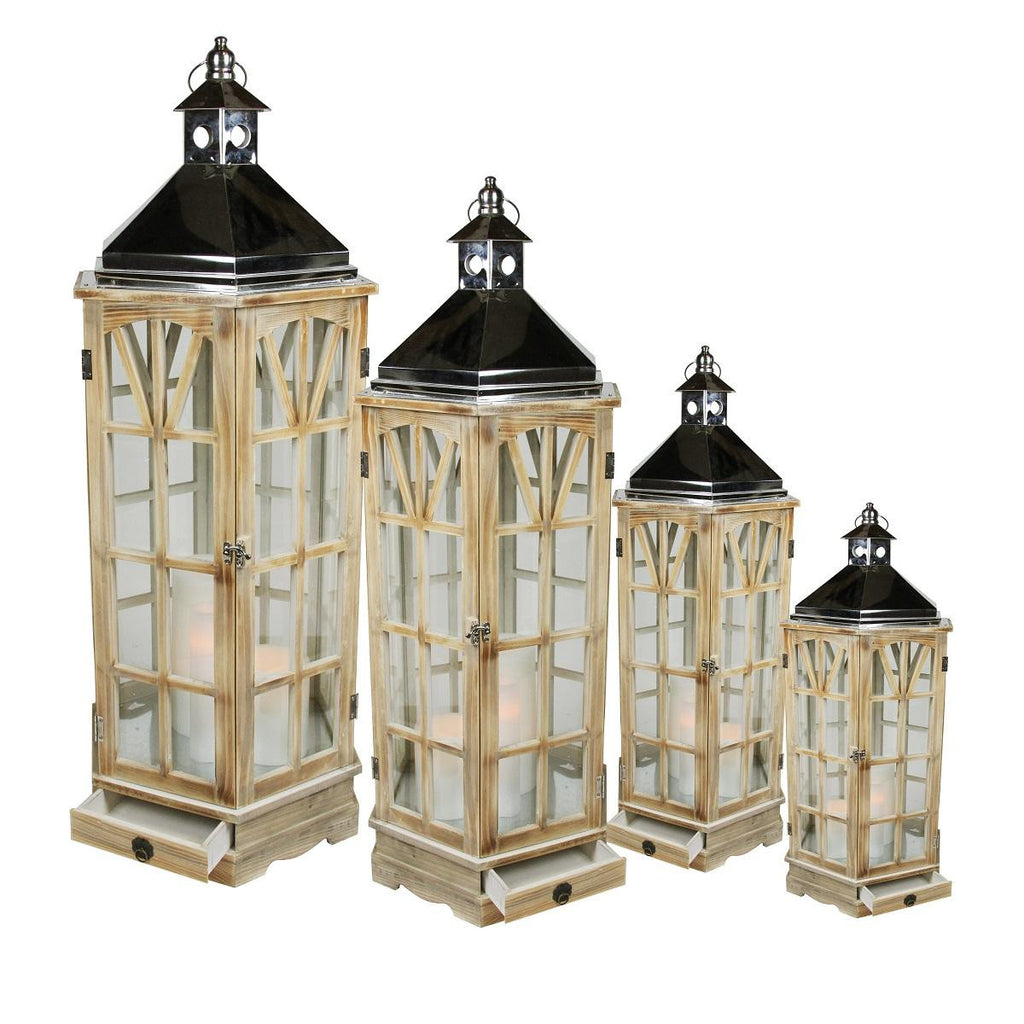 Set of 4 Wooden Garden-Style Round Lanterns with Silver Handles 49"