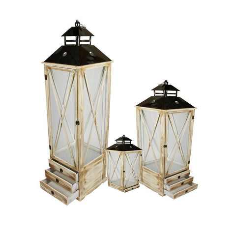 Set of 3 Rustic Brown Wooden Garden-Style Lanterns with Silver Handles 17-49.2"