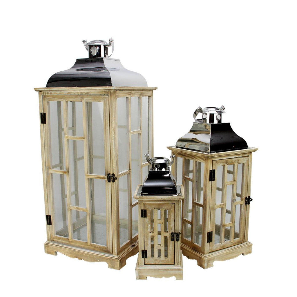 Set of 3 Country Rustic Light Brown Wooden Lanterns with Silver Handles 30.5"