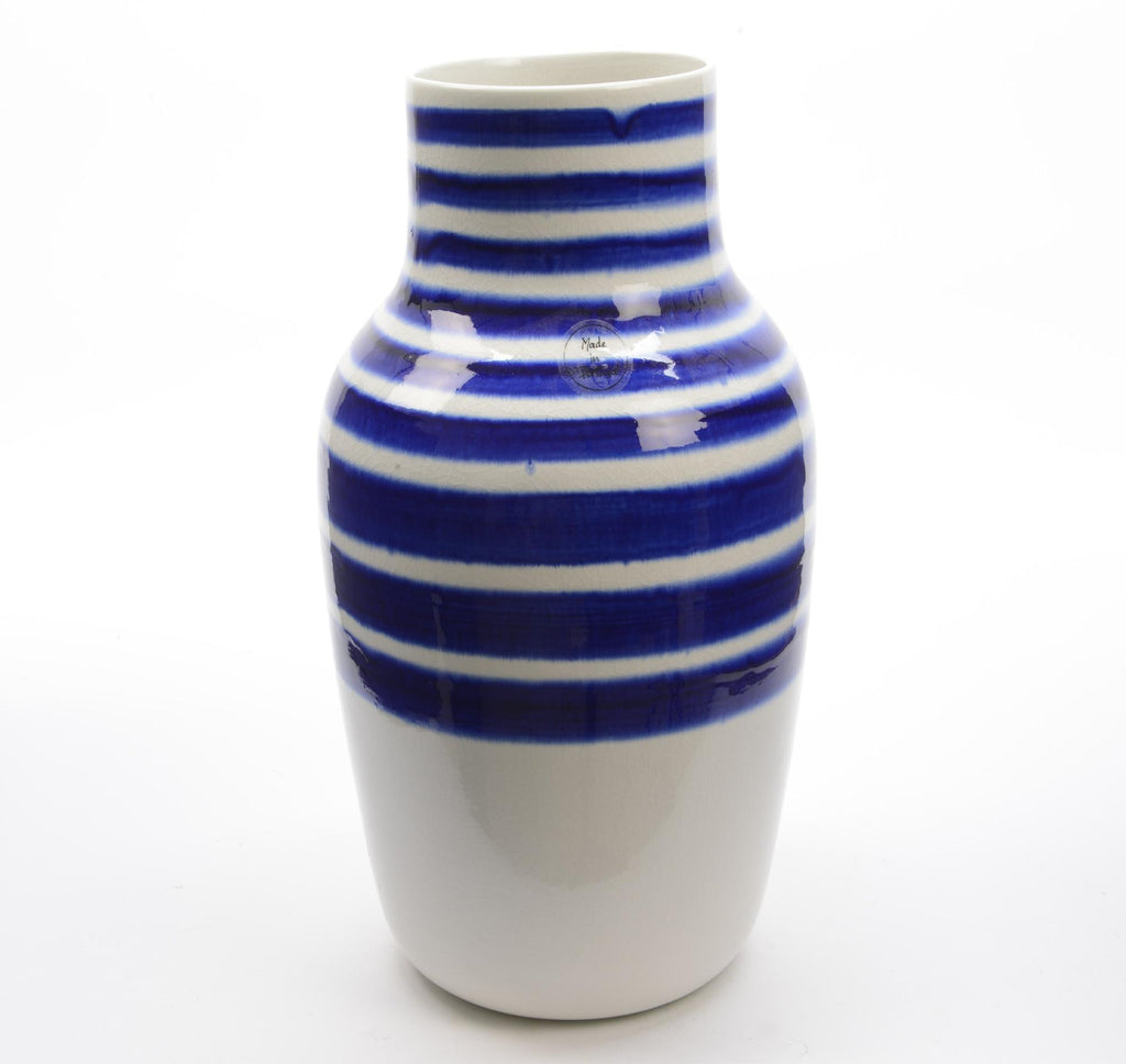 14" Seaside Treasures Decorative White Vase with True Blue Stripes