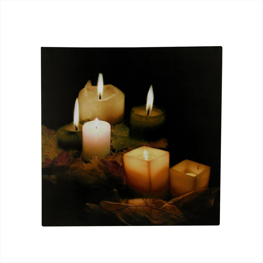 LED Lighted Flickering Candles and Leaves Canvas Wall Art 12" x 12"