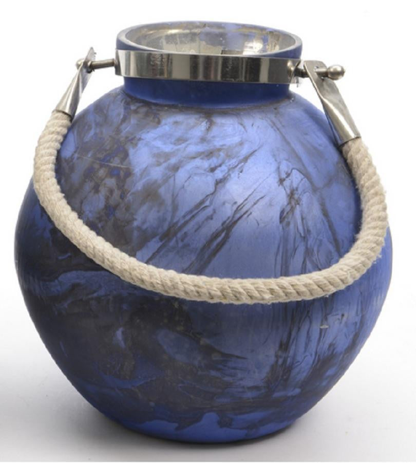 Seaside Treasures Indigo and Black Marbled Glass Hurricane with Rope Handle 14.5"