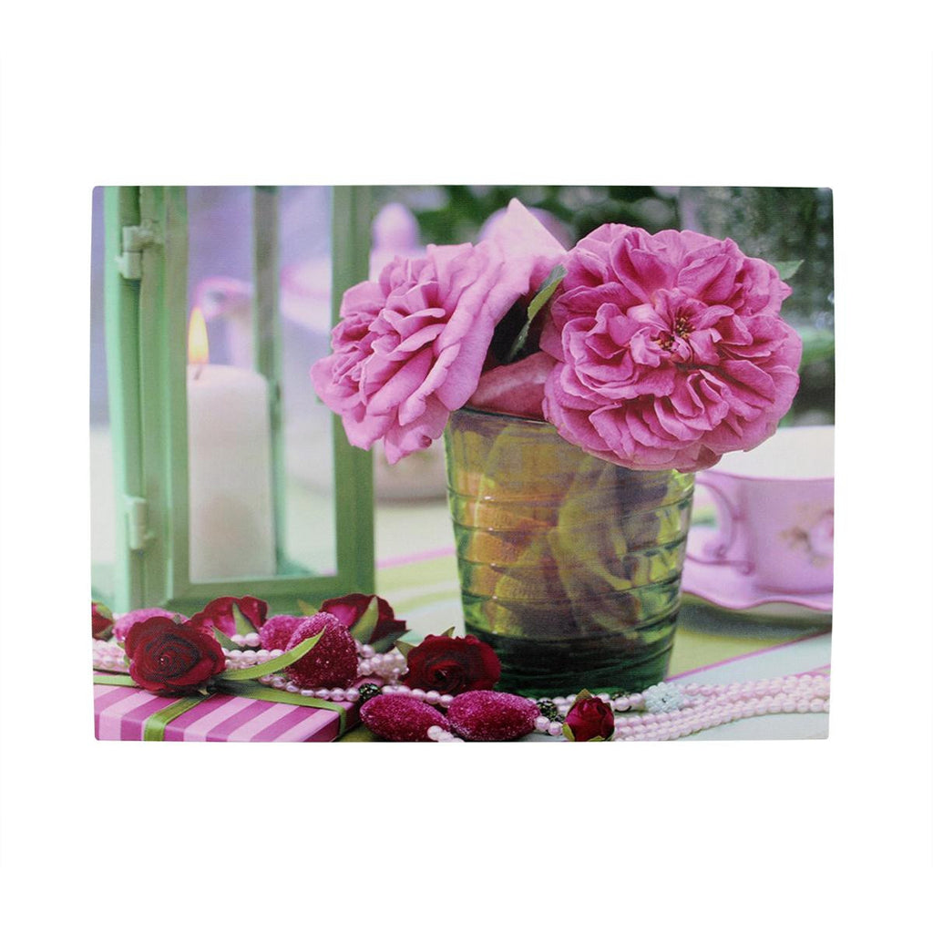 LED Lighted Flickering Candle and Pink Rose Flowers Glass Candles Canvas Wall Art 11.75" x 15.75"