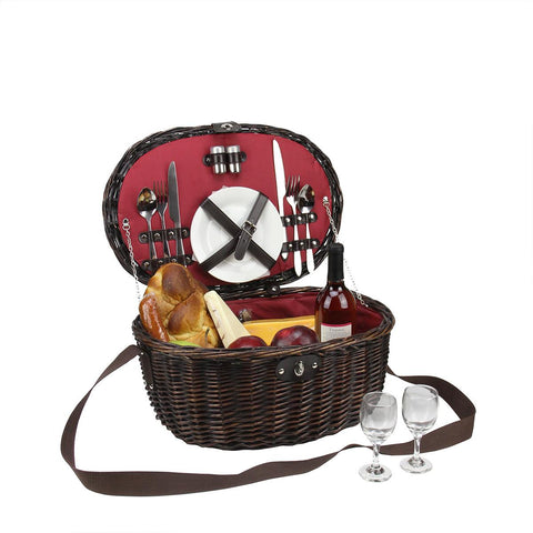 2-Person Hand Woven Red Sateen Chocolate Brown Willow Picnic Basket Set with Accessories