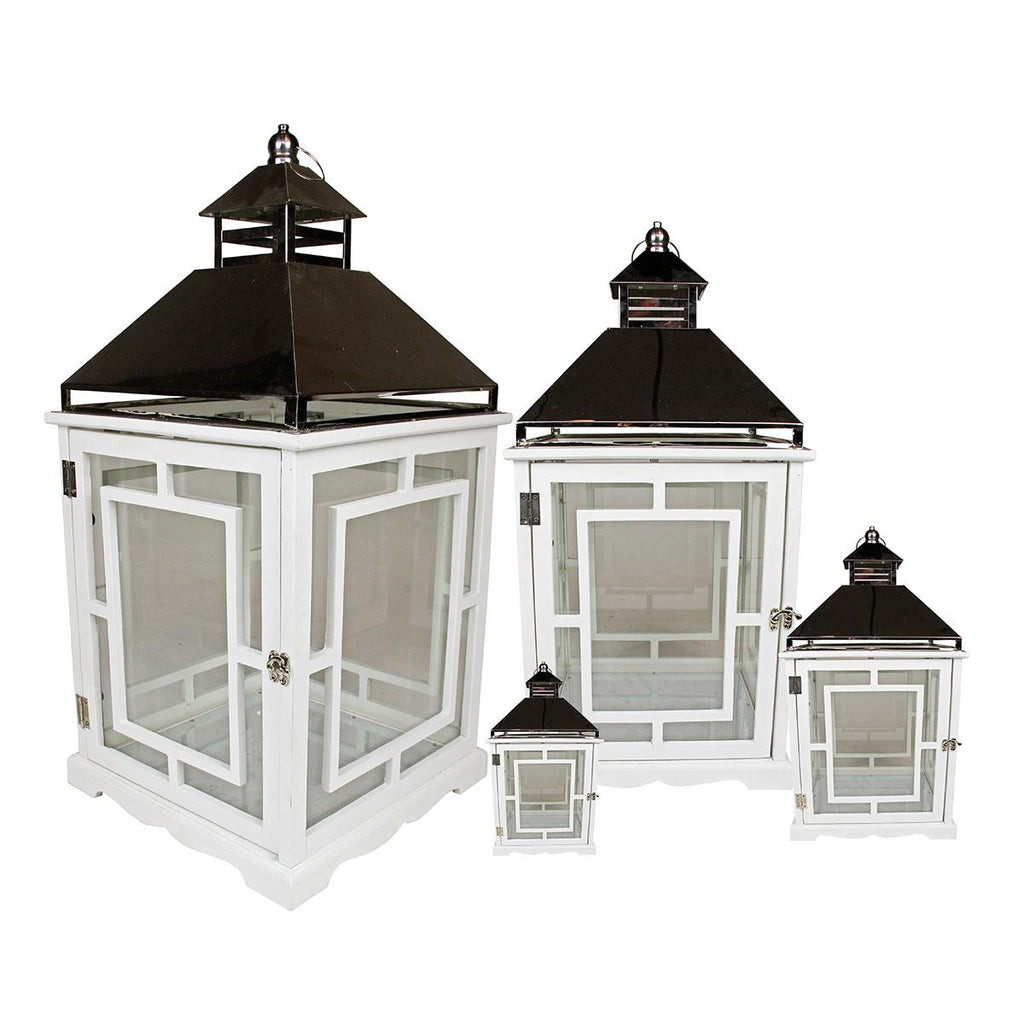 Set of 4 Cottage Style White Wooden Lanterns with Silver Handles 13-35"