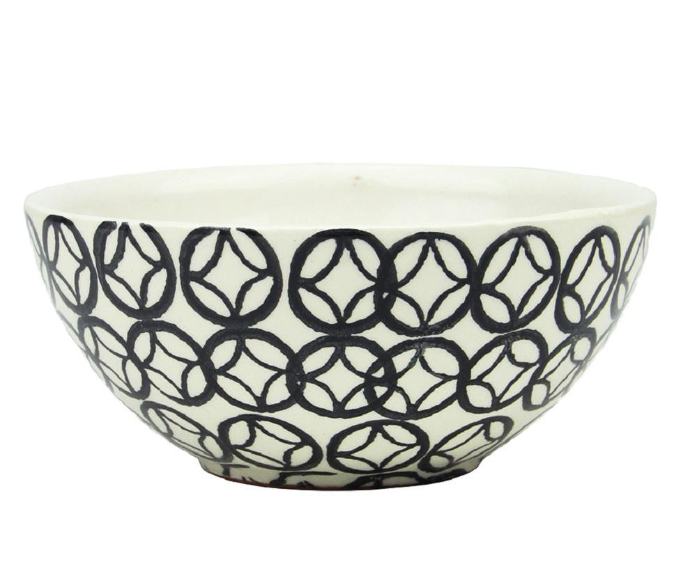 5.75" Basic Luxury Decorative Black Circled Diamonds on White Round Terracotta Bowl