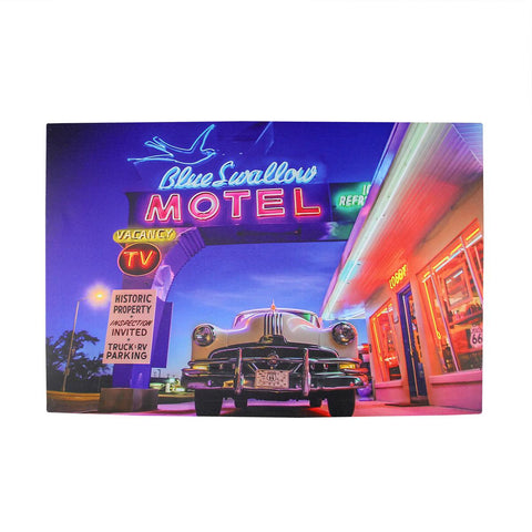 LED Lighted Famous Blue Swallow Motel with Classic Car Canvas Wall Art 15.75" x 23.75"