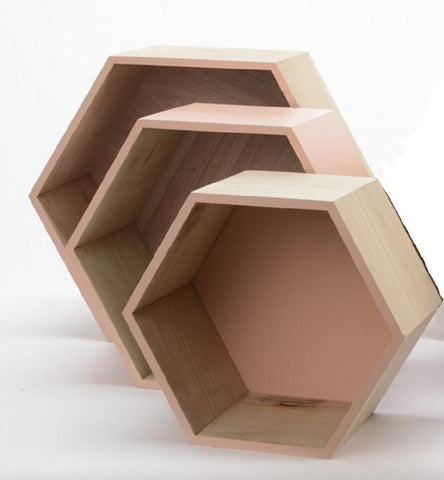 Set of 3 Basic Luxury Hexagonal Shadow Boxes with Peach Accents 11.5 - 15.5"