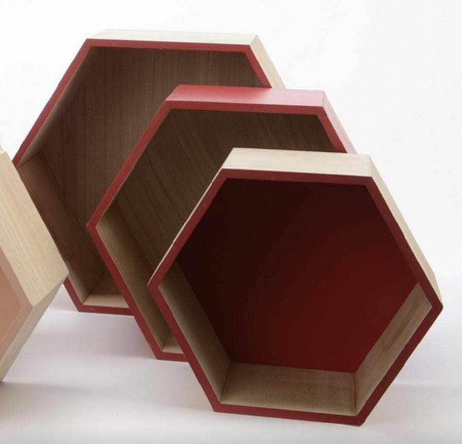 Set of 3 Basic Luxury Hexagonal Shadow Boxes with Rose Red Accents 11.5 - 15.5"