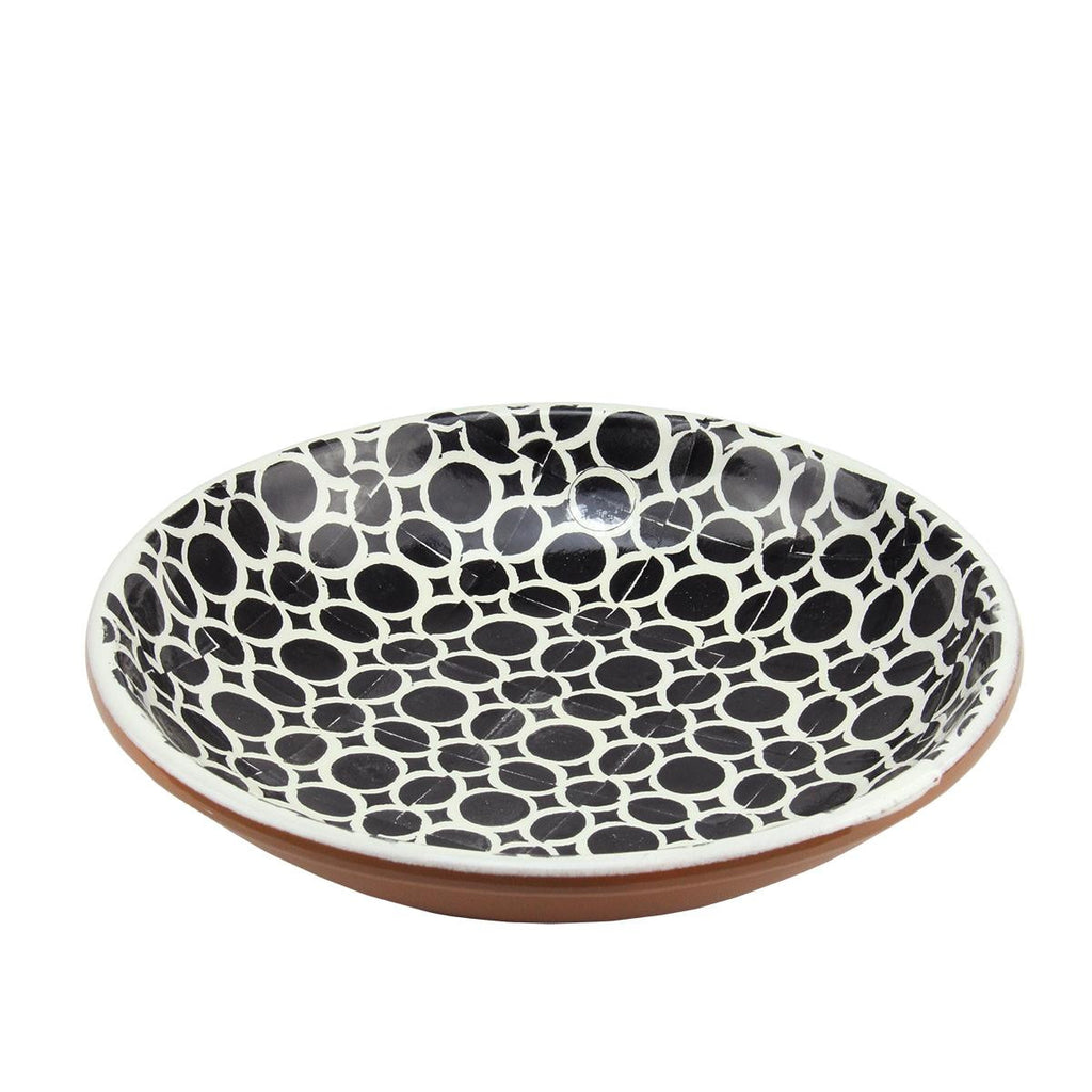 Basic Luxury Decorative Black Circles on Lily White Terracotta Bowl 12.25"