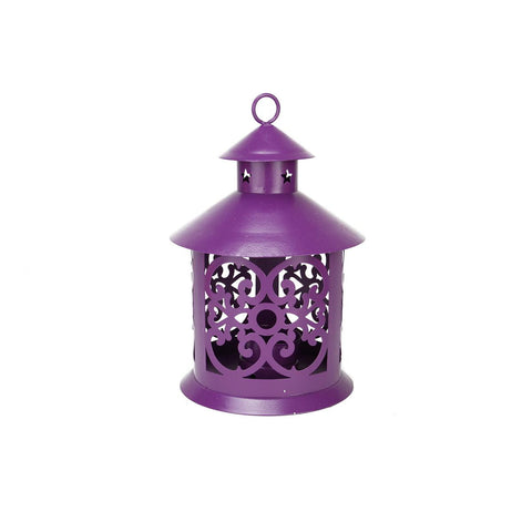 8" Shiny Purple Votive or Tealight Candle Holder Lantern with Star and Scroll Cutouts