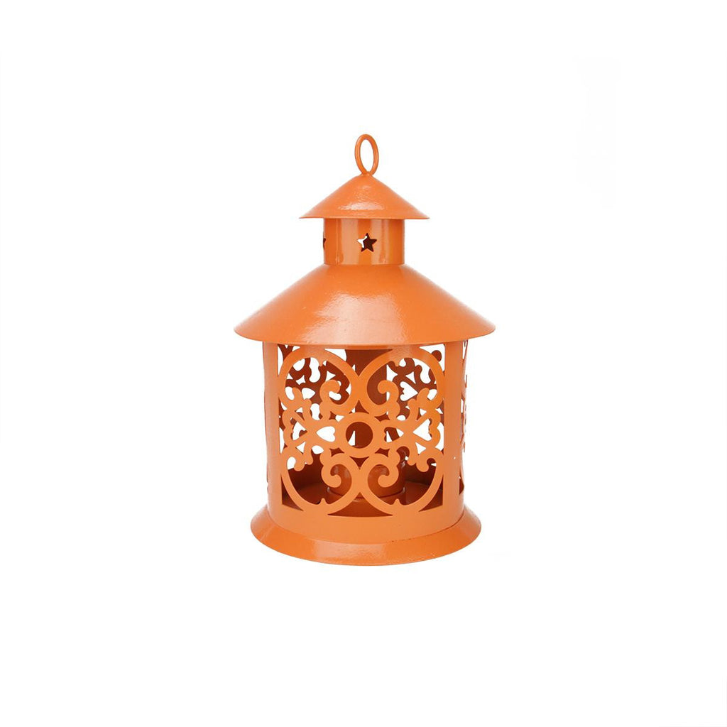 8" Shiny Orange Votive or Tealight Candle Holder Lantern with Star and Scroll Cutouts