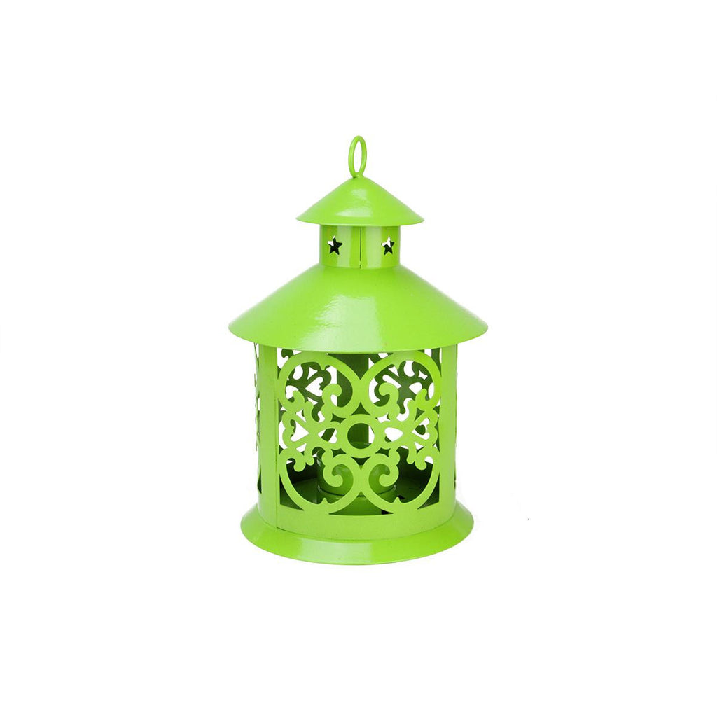 8" Shiny Lime Green Votive or Tealight Candle Holder Lantern with Star and Scroll Cutouts