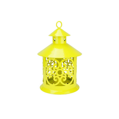 8" Shiny Yellow Votive or Tealight Candle Holder Lantern with Star and Scroll Cutouts