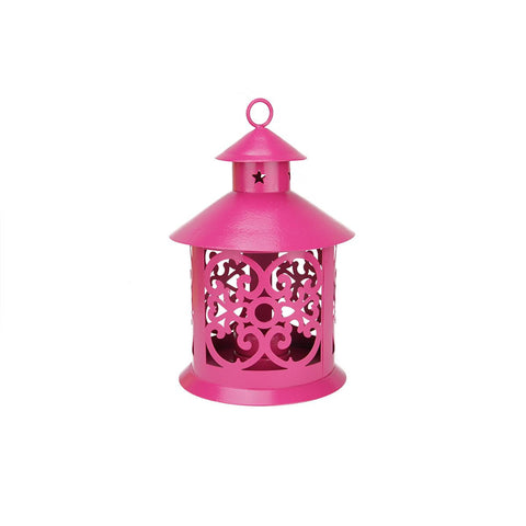 8" Shiny Pink Votive or Tealight Candle Holder Lantern with Star and Scroll Cutouts