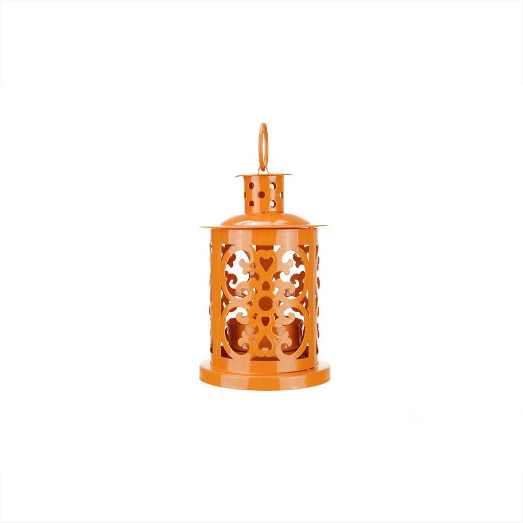 5.5" Shiny Orange Mini Votive or Tealight Candle Holder Lantern with Dot and Scroll Cutouts