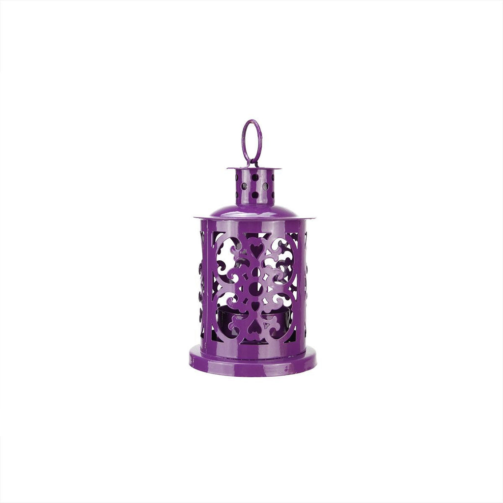 5.5" Shiny Purple Mini Votive or Tealight Candle Holder Lantern with Dot and Scroll Cutouts