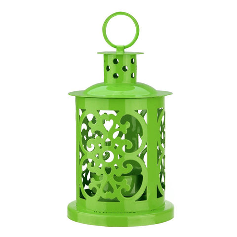 5.5" Shiny Lime Green Mini Votive or Tealight Candle Holder Lantern with Dot and Scroll Cutouts