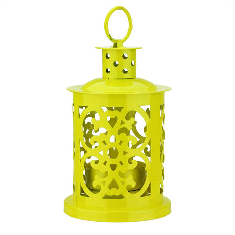 5.5" Shiny Yellow Mini Votive or Tealight Candle Holder Lantern with Dot and Scroll Cutouts