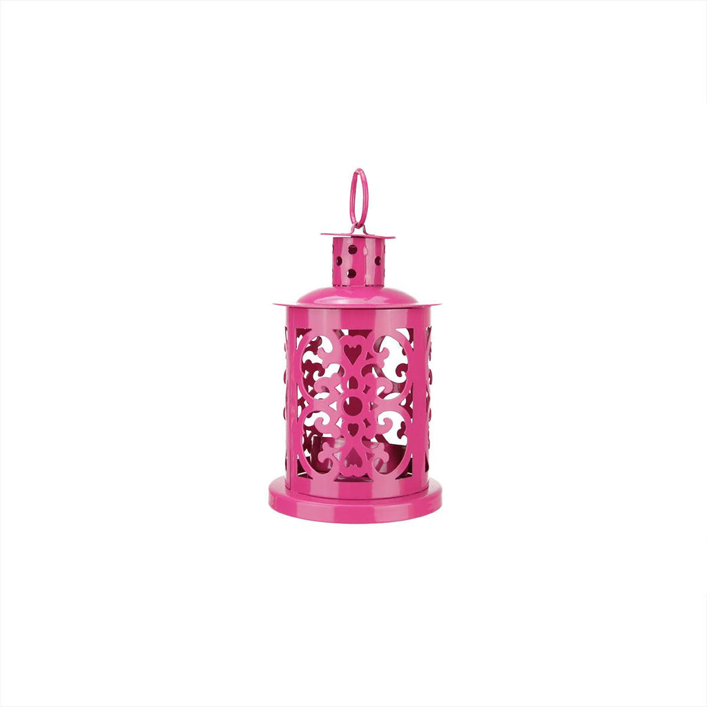 5.5" Shiny Pink Mini Votive or Tealight Candle Holder Lantern with Dot and Scroll Cutouts